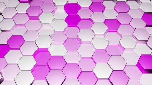 背景紫色和白色抽象金属六边形移动在不同的方向3d渲染移动网格的六边形与光和阴影几何曲面环