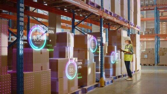 未来技术零售仓库:工人开始使用条形码扫描仪库存数字化分析货物纸箱产品物流配送中心的配送信息图