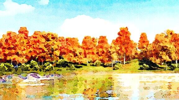 秋天的树木在湖岸数字水彩景观