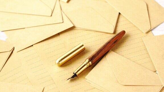 桌子上有信封空纸和钢笔
