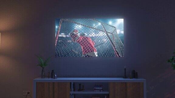 在客厅的电视机上观看冰球比赛