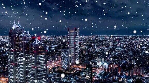 东京新宿区雪夜景的3D渲染