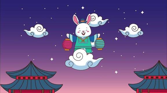 家家户户兔在云中提灯笼庆祝中秋佳节快乐