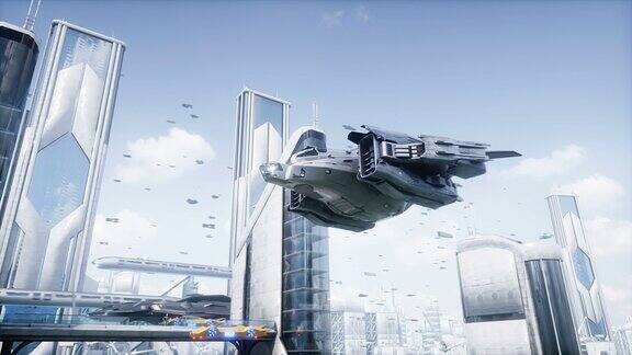 未来城市里的科幻飞船鸟瞰图逼真的4k动画