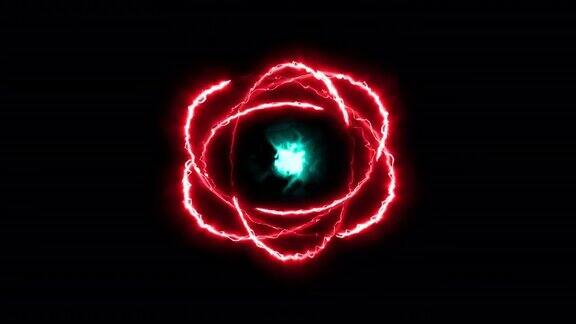 彩色炽热的原子球圈魔术闪亮的旋转环围绕着一个黑色的背景核心