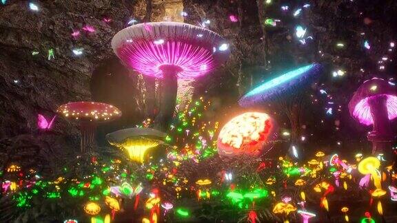 一个神秘的魔法洞穴里面有飞舞的蝴蝶和神奇的发光蘑菇神奇蘑菇这个循环的动画是完美的童话故事幻想和魔法背景