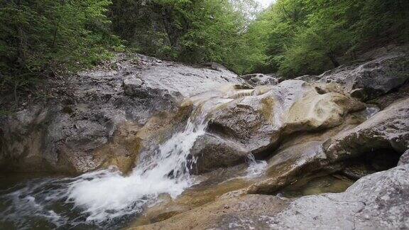 暴风雨的山水拍打着大石头冰冷的河流穿过树林