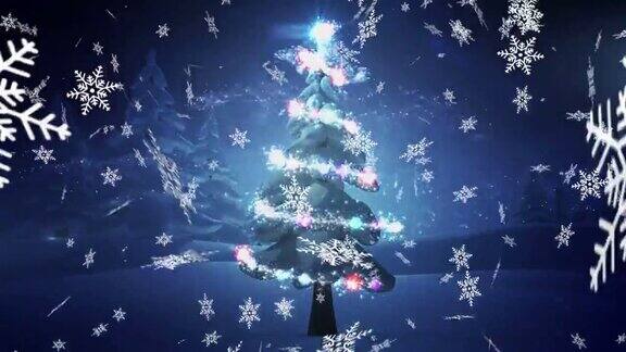 动画的雪花落在流星和圣诞树在冬天的背景