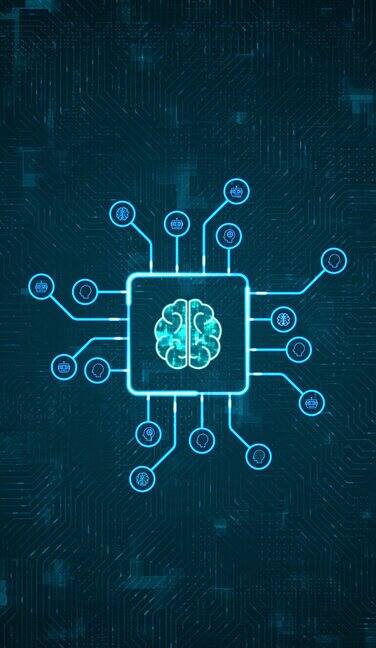 蓝色数字大脑标志和HUD技术电路板的动态图形带有ai图标和抽象背景上的数据传输具有ai聊天机器人和机器学习技术的垂直视频概念