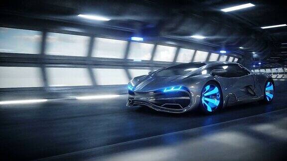 未来汽车在科幻隧道快速行驶
