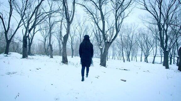 年轻女子独自走在冬日的树林里