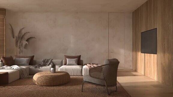 斯堪的纳维亚风格的室内公寓客厅设计采用波西米亚自然木家具3d渲染动画场景