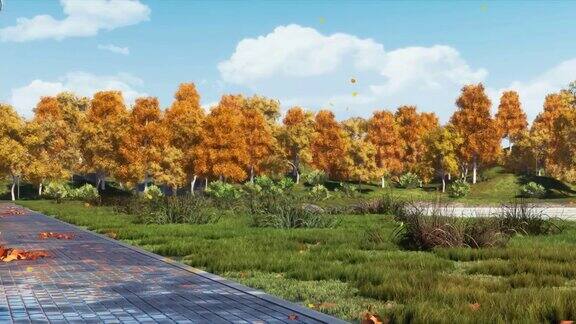 秋天公园走道全景与空长凳3D动画