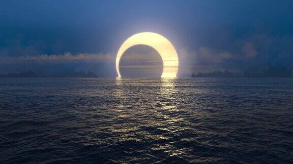 蓝色的日落和日食在无缝环的海洋上