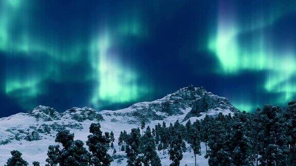 极地夜空中的北极光在雪山上的3D动画