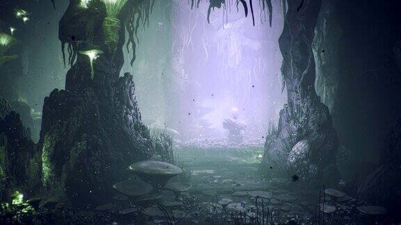 神奇的绿色蘑菇和神奇的蓝色花朵在一个神奇的洞穴梦幻洞穴里美丽的神奇蘑菇和雾中的萤火虫