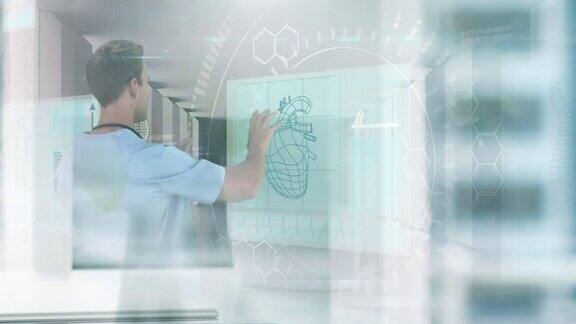 数字组成的男性医生触摸未来的医疗数据处理屏幕