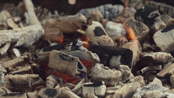 在壁炉里燃烧着带有白灰的木炭