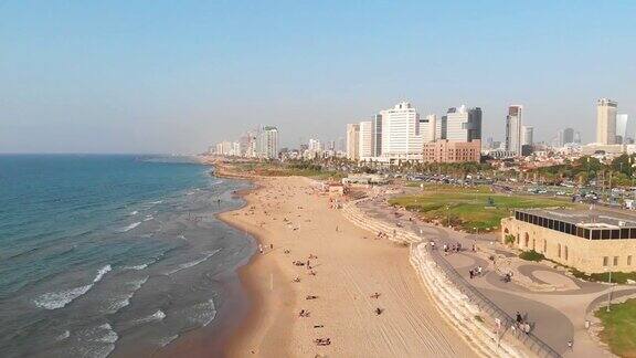 特拉维夫上空的鸟瞰图以色列的城市史诗般的镜头越过了海岸神奇的空中拍摄