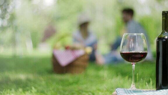 公园里的红葡萄和一瓶红酒背景是一对浪漫的情侣