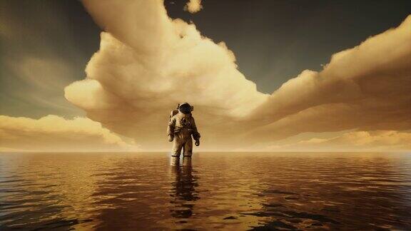 日落时宇航员在云层下的海上动画