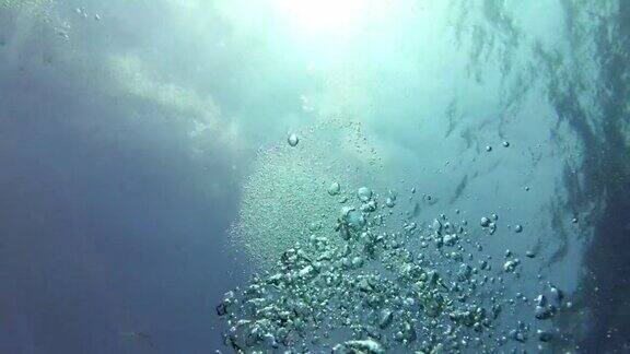 潜水员的气泡上升到水面气泡在镜头周围旋转红海埃及