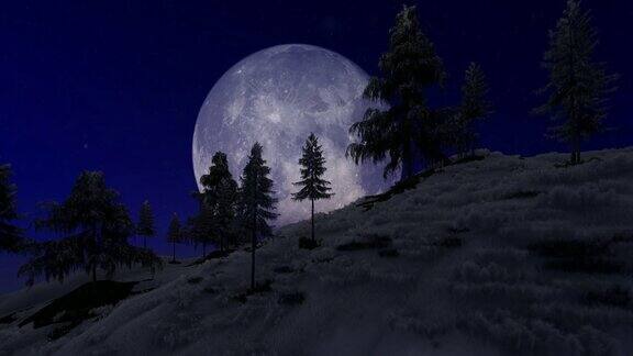 森林山后的满月映衬着星空4k