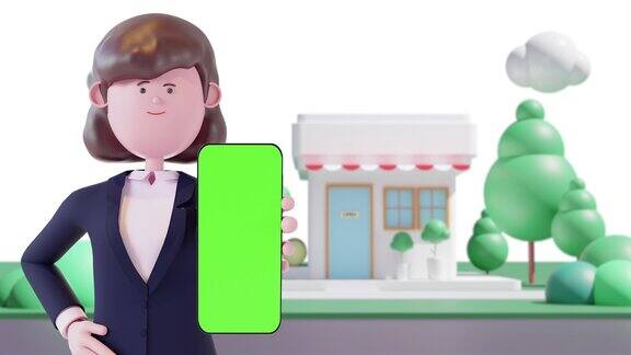 3d动画卡通商业妇女显示手机与绿色屏幕城市背景