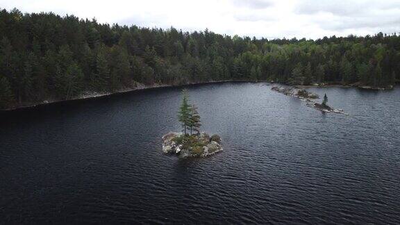鸟瞰加拿大安大略省北部被树木环绕的湖泊
