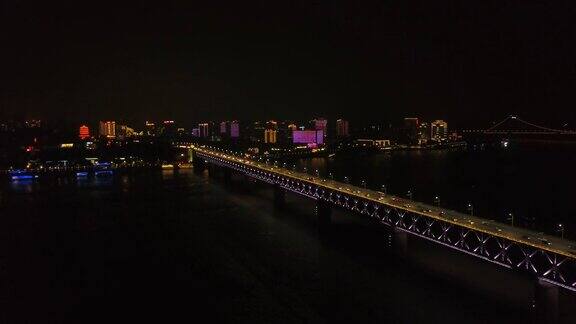 夜光武汉滨江城市景观交通长江大桥航拍全景4k中国