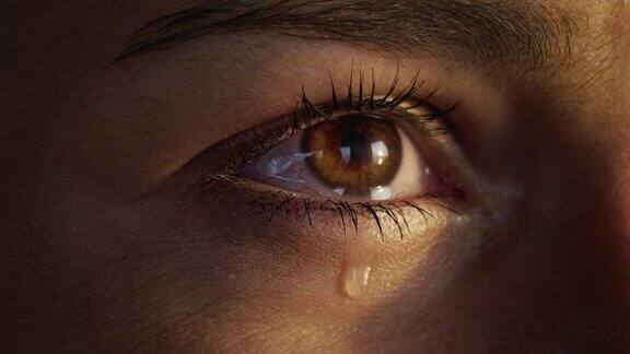 明亮的棕色眼睛的极端特写流眼泪美丽的女性的脸