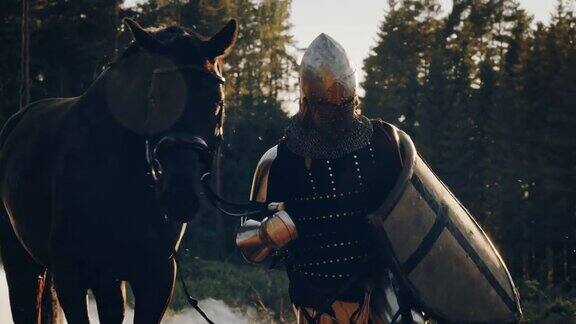 中世纪骑士战士带领他的马进入战斗英雄的肖像在镀甲盾头盔剑和纯种马电影之光战争烟雾入侵征服