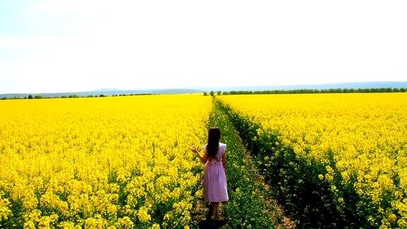 年轻女子走在黄花春田HD小路上