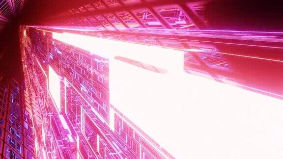 高科技霓虹灯科幻隧道时髦的霓虹灯发光线形成图案和施工在镜子隧道穿越科技网络空间辉光线形成科幻图案3d循环无缝4kbg