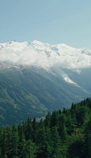 夏蒙尼山谷阿尔卑斯山脉植被绿色的垂直场景顶部有雪