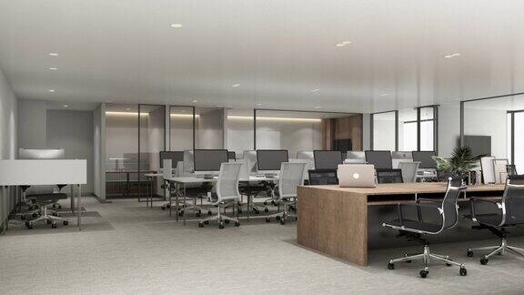 在地毯地板和会议室的现代办公室中建立定格动画工作区有阳光、日光和工作台室内3d渲染