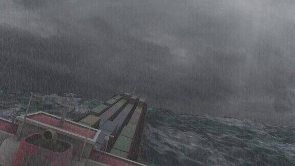 货船带着集装箱在狂风暴雨的海面上航行
