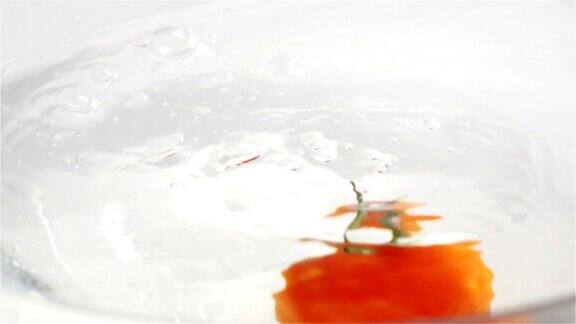 一个红熟的蕃茄带着绿叶落入水中