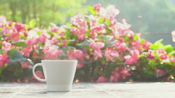 早上在花园里喝一杯热咖啡