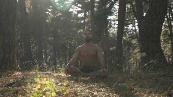 肌肉男在森林里做瑜伽