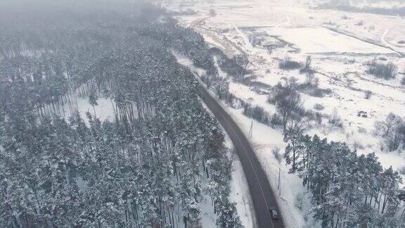 航拍的沥青公路在冬天的景观在雾天冰冻森林在雪无人机拍摄