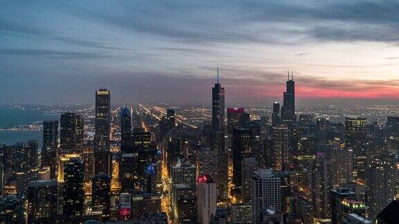 鸟瞰图芝加哥从日落到夜晚伊利诺伊州美国