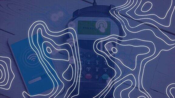 动画的白色地图线在智能手机和支付终端上的蓝色背景