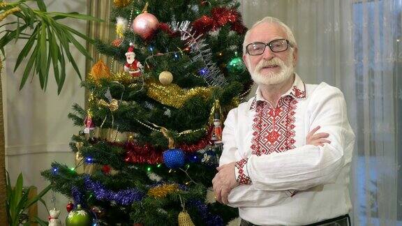 在圣诞树旁刺绣的老英俊男子的肖像