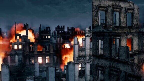 在夜晚燃烧的建筑废墟被摧毁后的战争城市