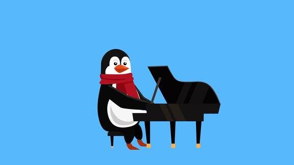 卡通小企鹅扁平圣诞人物演奏钢琴音乐动画包括哑光