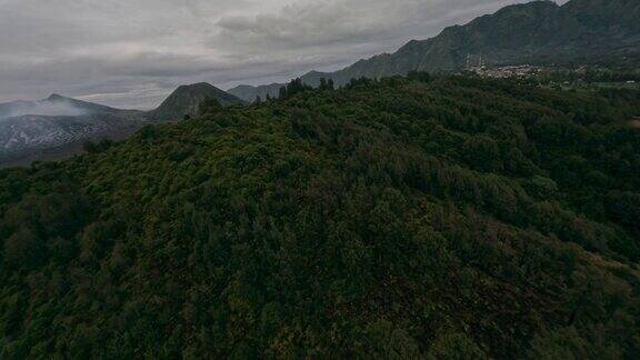 空中自由式视图飞过绿色的树林接近火山
