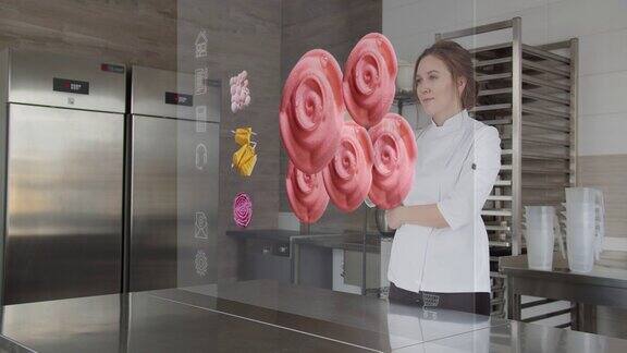 美丽的女厨师使用数字增强现实3D界面在厨房买家在网上商店挑选蛋糕未来视觉特效界面概念