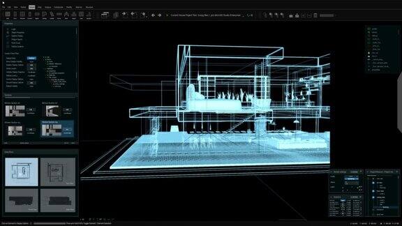 建筑3D软件模拟动画与私人乡村住宅项目与室内设计电脑显示器和笔记本电脑屏幕的暗夜模式接口模板