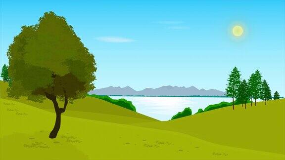 自然景观动画的树与湖和山卡通